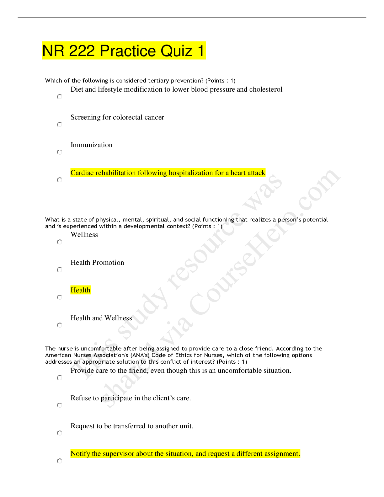 Preview image for Chamberlain College of Nursing>NR 222 Practice Quiz 1>New(Graded A Already)